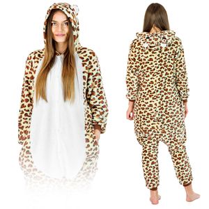 Jumpsuit Onesie für Damen und Herren - Sanft Kuschelig Uni Pyjama - Warme Schlafanzug - Karneval Kostüm - Karnevalskostüm- Größe 168-178 cm L - Leopard