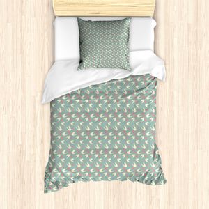 ABAKUHAUS Romantisch Mantele, Vögel Little Hearts, Milbensicher Allergiker geeignet mit Kissenbezügen, 135 cm x 200 cm - 80 x 80 cm, Jade-Grün-Hellrosa