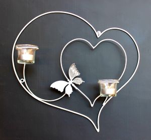 DanDiBo Wandteelichthalter Herz 39 cm Weiß Teelichthalter Metall Wandleuchter Kerze