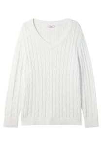 sheego Damen Große Größen Pullover aus Baumwolle, mit Zopfmuster V-Ausschnitt-Pullover Freizeitmode klassisch V-Ausschnitt - unifarben