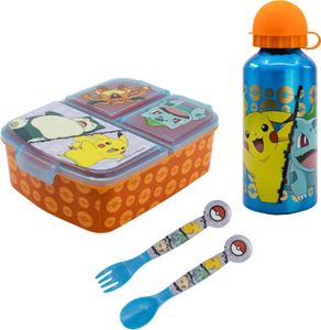 Pokemon Kinder 4 tlg. Set 3 Kammern Brotdose Gabel Löffel Alu-Flasche