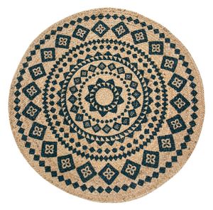 Juteteppich Rund 120 cm beigeblau Mandala - Naturfaser handgewebt geflochten handgefertigt - Boho Natur Naturteppich