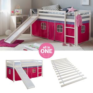 Homestyle4u 2576, Hochbett 90x200 mit Rutsche Lattenrost Vorhang pink Kinderbett Weiß Holz Kiefer Massiv Spielbett Stockbett