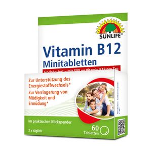 SUNLIFE® Vitamin B12 Minitabletten hochdosiert Nervensystem Herz Gehirnfunktion + Aminosäuren & Vitamin B1 B2 B6