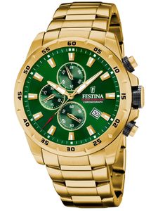 Festina F20541/3 Herren-Uhr Sport Chronograph Grün Quarz mit Edelstahl-Band Gold