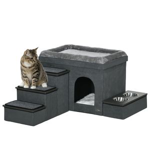 PawHut kočičí jeskyně kočičí bouda se schody, domeček pro kočky se 2 nerezovými miskami, pelíšek pro kočky, psí bouda s polštářem, pro kočky, psy do 8 kg, polyester, 78 x 48 x 49,5 cm, šedá barva