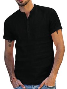 Kurzärmliges Hemd aus Baumwolle und Leinen für Herren mit einfarbigem Oberteil,Farbe: Schwarz,Größe:XXL