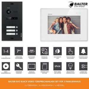BALTER EVO Schwarz 2-Draht BUS 7" Monitor Video Türsprechanlage Set für 3 Familienhaus