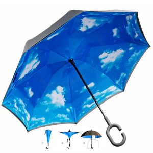 Umgedrehter Regenschirm mit blauem Himmel und C-Griff für freie Hände; Invert-Stockschirm mit 105cm Durchmesser