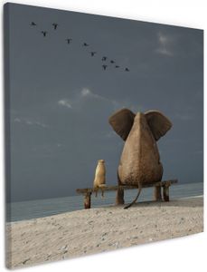 Wallario Premium Leinwandbild Elefant und Hund sitzen auf einer Bank in Größe 50 x 50 cm