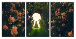 Kleines Mädchen in Rosentunnel, XXL Leinwandbild in Übergröße 240x120cm Gesamtmaß 3 teilig / Wandbild / Kunstdruck