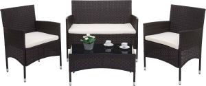 Poly-Rattan Garnitur HWC-F55, Balkon-/Garten-/Lounge-Set Sofa Sitzgruppe  braun, Kissen creme