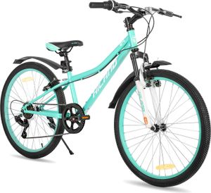 HILAND Climber 24 Zoll Kinderfahrrad Mountainbike mit Federgabel 7 Gang Shimano V-Bremse, Kinder MTB Jugend Mädchen, Mintgrün