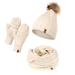 Mütze Schal Handschuh Set für Damen | Gefütterte Wintermütze mit Kunstfellbommel | Großer Loop Schal | Gestrickte Finger/Fingerlose- Winterhandschuhe für Touchscreen Beige