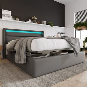 Merax hydraulická čalúnená posteľ 140x200 cm s LED a podstavcom pod posteľ, úložná posteľ s lamelovým roštom, funkčná manželská posteľ Imitácia kože