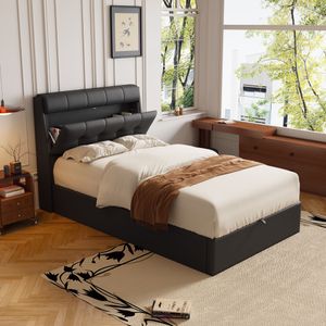 Flieks čalúnená posteľ 90x200cm s lamelovým roštom, úložný priestor, posteľ pre mladých s úložným čelom, hydraulická skriňová pružina, jednolôžko, PU, čierna
