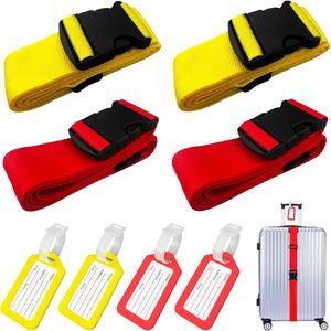 4 Stück Kofferband mit 4 Stück Gepäckanhänger Set(2rote + 2gelbe), Verstellbare Rutschfestes Reisezube, Gepäck schnell identifizieren, Sicher Reisen für Koffer, für Gepäck Reisetasche Koffer