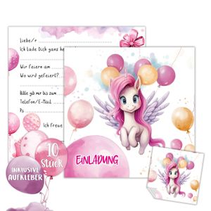 Einhorn Einladung Kindergeburtstag Mädchen | XXL Unicorn Einladungskarten Geburtstag 15 x 15 cm | 10er Set mit Stickern | Geburtstagseinladungen