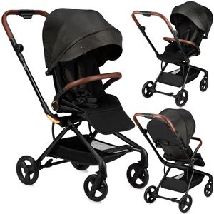 MoMi ADELLE Buggy Kinderwagen - 360° Drehsitz, Leicht, Stoßdämpfung 4 Räder - Schwarz/Gold