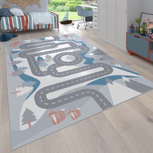 Kinderteppich Spielteppich Teppich Kinderzimmer Straßen Design Mit Tieren Creme, Grösse:140x200 cm