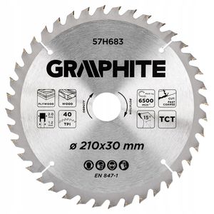 Pilový kotouč GRAPHITE Ø 210 mm x 1,2 mm x 2 mm | Na dřevo a překližku atd. 40 zubů kompatibilní s 58GE121 GRAPHITE | Redukce 25.4/20/16