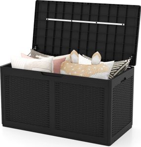 COSTWAY 380 L Gartenbox mit Rollen, Deckel & Rattanstruktur, Auflagenbox wasserdicht Aufbewahrungsbox Gartentruhe Schwarz