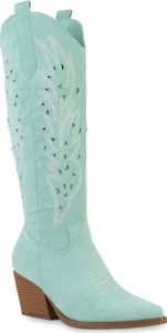 VAN HILL Damen Cowboystiefel Stiefel Stickereien Schuhe 840056, Farbe: Türkis, Größe: 38