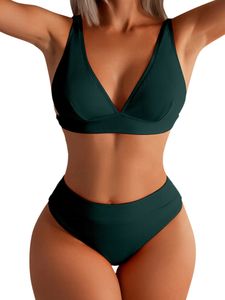 Damen High Waist Bikini Sets Zweiteiliger V-Ausschnitt Badeanzug Breite Träger Bademode Malachitgrün,Größe:XL