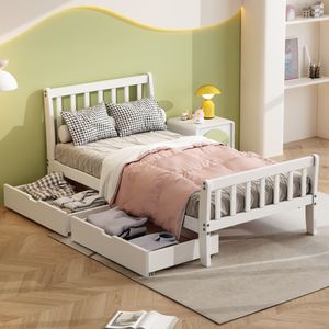 Flieks Jugendbett 90x200cm mit 2 Schubladen, Einzelbett Klassisches Bett mit Lattenrost, Holzbett Kinderbett, Weiß