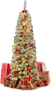 GOPLUS 184 cm Künstlich Weihnachtsbaum mit LED-Beleuchtung, Christbaum mit Schnee, mit Metallständer, Schnelle Montage, Wiederverwendbar