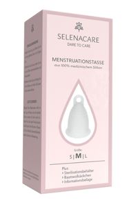 Selenacare Menstruationstasse Premium Transparent - mit Reinigungsbehälter und Aufbewahrungsbeutel, Größe M (26ml)