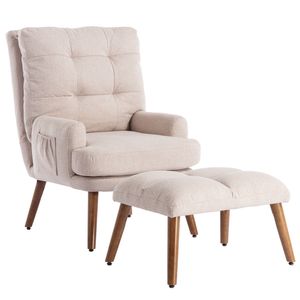 Relaxsessel mit Hocker, 90° Verstellbare Rückenlehne Sessel, Loungesessel mit Dickes Kissen und Beine aus Massivholz, Beige