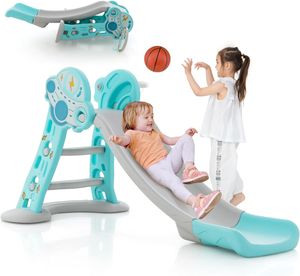 COSTWAY Rutsche Outdoor, 3 in 1 Kinderrutsche & Leiter & Basketballkorb, Kinder Rutsche ab 18 Monaten (Blau)