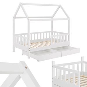 Juskys Kinderbett Marli 80 x 160 cm - Bettkasten, Gitter, Lattenrost & Dach - Holz Weiß