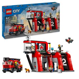 LEGO City Feuerwehrstation mit Drehleiterfahrzeug, Feuerwehr-Spielzeug mit Feuerwache und Feuerwehrauto, Geburtstagsgeschenk für Kinder ab 6 Jahren, Set mit Hund und 5 Minifiguren 60414