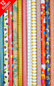12 Rollen Geschenkpapier, Rolle 200 x 70 cm, Geburtstag, Ganzjahr, Bunt, Mix gemischt, Verpackung, Geschenkverpackung, Geburtstag, Feier, Papier