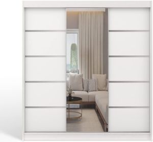 Easy Furniture D6 Schiebetüren Kleiderschrank 200 cm mit Spiegel - Schlafzimmermöbel, Aufbewahrung - Mehrzweckschrank - Farbe: Weiß - 3 Schiebetüren - Kleiderschrank