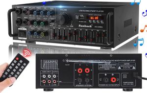 Sunbuck Audio Leistungs Stereoverstärker, bluetooth Heim Audioverstärker Tragbarer Verstärkerempfänger mit FM-Radio, USB-/SD-Lesegeräten, 4 Mikrofoneingänge, 2 AUX-Eingänge, Fernbedienung