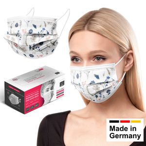HARD 50x Medizinischer Mundschutz, OP Maske, Made in Germany - Standardgröße - Floral
