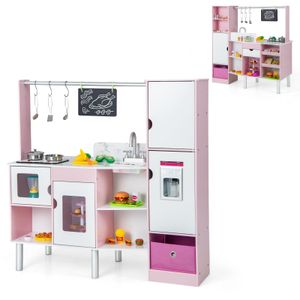 COSTWAY 2 in 1 Kinderküche & Kaufladen, Spielküche mit Licht und Sound, interaktiver Eismacher & Tafel, inkl. 82 Zubehörteile, doppelseitig, Spielkochset für Kinder ab 3 Jahren