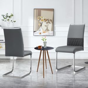 MODFU Moderner Esszimmerstuhl, 4er-Set, Küchenstuhl, Bürostuhl mit flacher Streifen-Rückenlehne, gepolsterter Stuhl, multifunktional, hochwertiges Kunstleder, Leinen, Grau