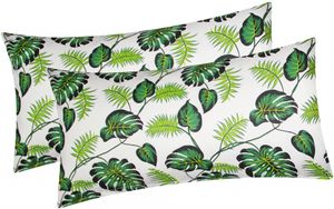 Baumwoll Renforcé Kissenbezug - 2er Set in 40x80cm - Tropische Blätter in Grün/Weiß - Kopfkissen-Bezug, Kissenhülle, Dekokissenbezug aus 100% Baumwolle (K-031/1-Grün)