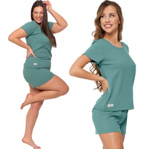 Moraj Damen Schlafanzug Kurzarm + Shorts Viskose gerippt 4900-020, Farbe: Grün, Große: 3XL