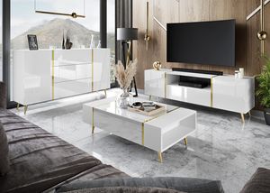 ONYX Wohnzimmerset auf goldenen Beinen Weiß / Weiß hochglanz