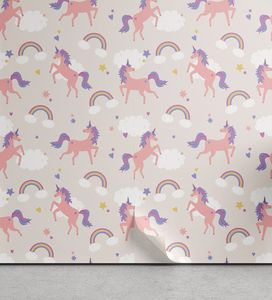 ABAKUHAUS Regenbogen abziehbare & klebbare Tapete für Zuhause, Dreamy Unicorn Sterne Wolken, selbstklebendes Wohnzimmer Küchenakzent, 33 cm x 250 cm, Pale Salmon Mehrfarbig