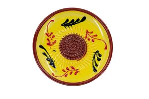 Kaladia Keramik Reibeteller Dunkelrot / Gelb mit Verzierungen  - handbemalt - Durchmesser ca. 12cm