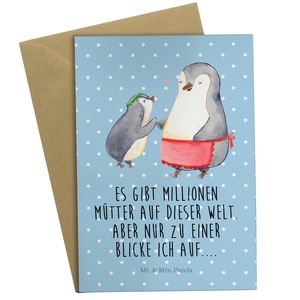 Mr. & Mrs. Panda Grußkarte Pinguin mit Kind - Blau Pastell - Geschenk, Mom, Mama, Papa, Muttertag, Mami, Bruder, Vorbild  Mama, Mutti, Glückwunschkarte, Schwester