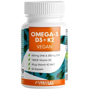 ProFuel Omega-3 D3 + K2 vegan | 60 Kapseln | Omega-3 aus Algenöl | O3 D3 K2 vegan Essentials | hochdosiert | bioverfügbar | labor