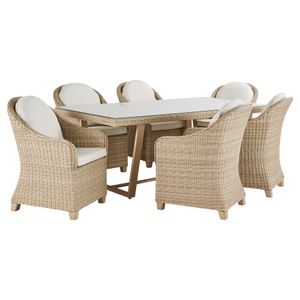 NATERIAL - Gartenmöbel Set 6 Personen - Gartentisch MEDENA 200x100x74 cm - 6 Gartenstühle MEDENA - Gartensessel Mit Sitzkissen - Rattan Sitzgruppe - Aluminium - Glas - Polyrattan - Beige - Creme