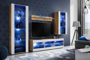 Komodee | Wohnwand mit TV-Schrank und Vitrine Tivoli Set Medio, Korpus Wotan Matt Frontfarbe Weiß Matt, LED Blau